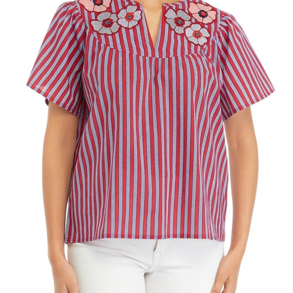 Philosophy Red Striped Women's Small Top with Floral Embroidery